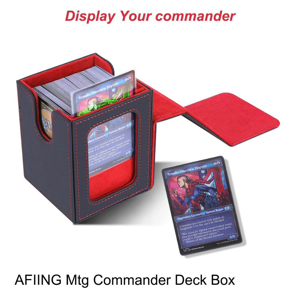 AFIING MTG Commander Deck Box for 100 Double-Sleeved Cards – Black/Red PU Leather with Window, Dividers, Drawstring Bag & Toploader