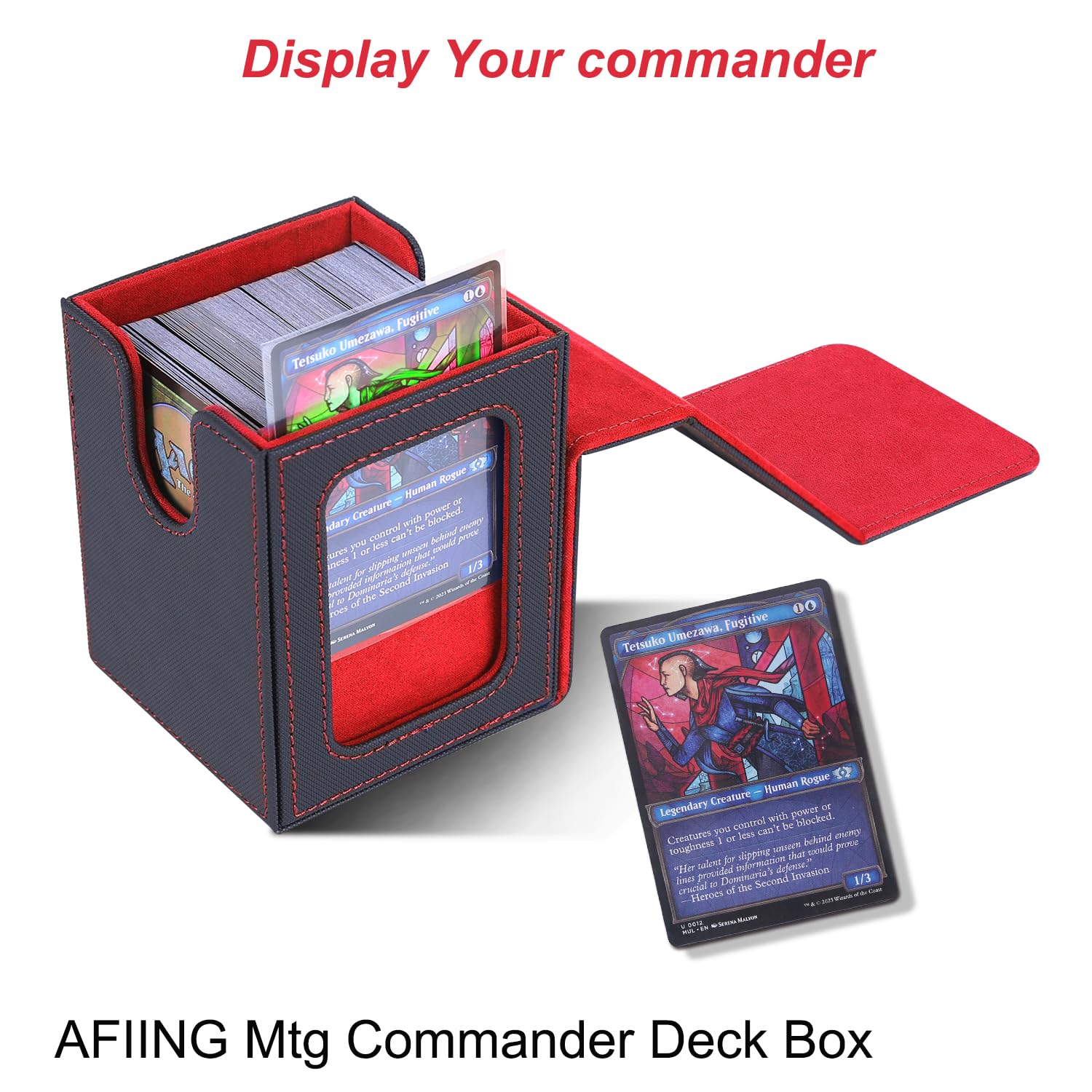 AFIING MTG Commander Deck Box for 100 Double-Sleeved Cards – Black/Red PU Leather with Window, Dividers, Drawstring Bag & Toploader