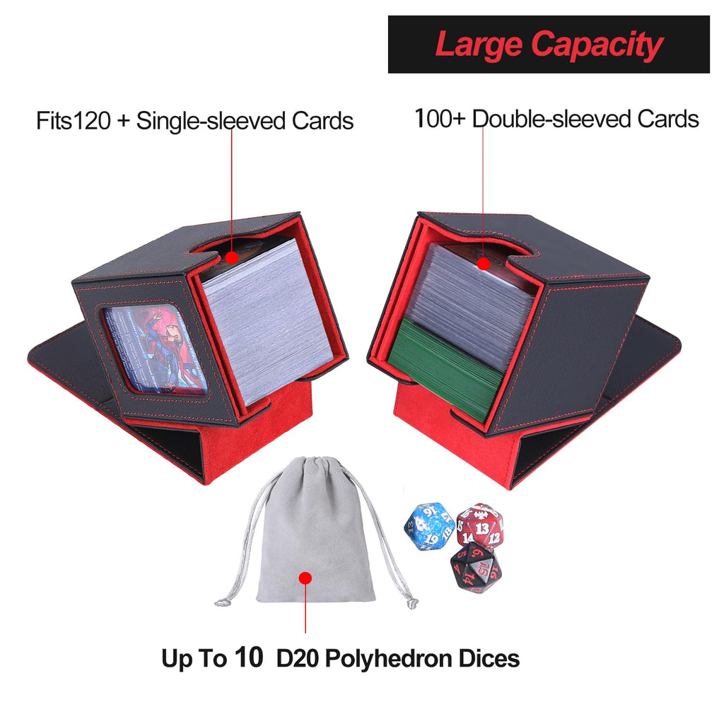 AFIING MTG Commander Deck Box for 100 Double-Sleeved Cards – Black/Red PU Leather with Window, Dividers, Drawstring Bag & Toploader