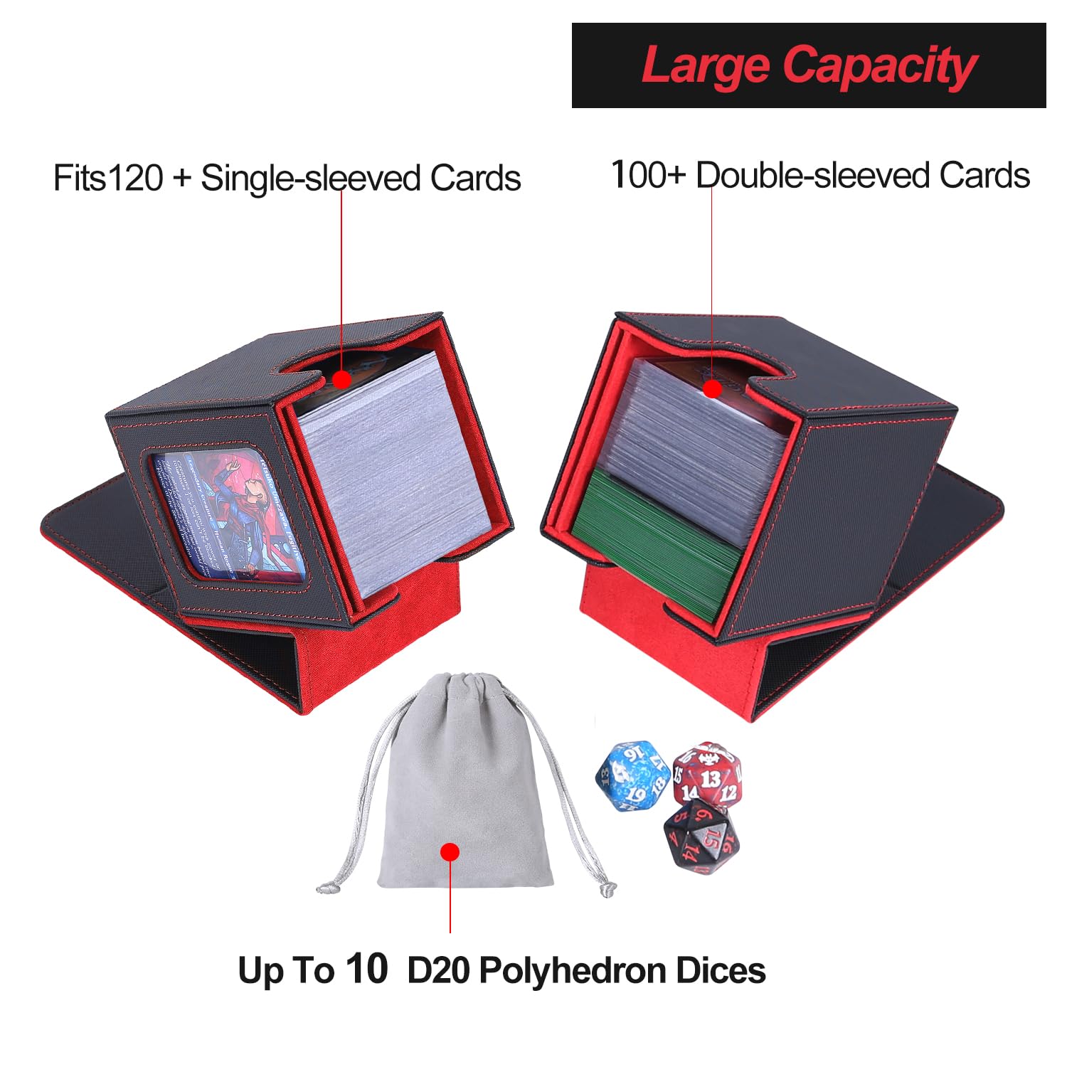 AFIING MTG Commander Deck Box for 100 Double-Sleeved Cards – Black/Red PU Leather with Window, Dividers, Drawstring Bag & Toploader
