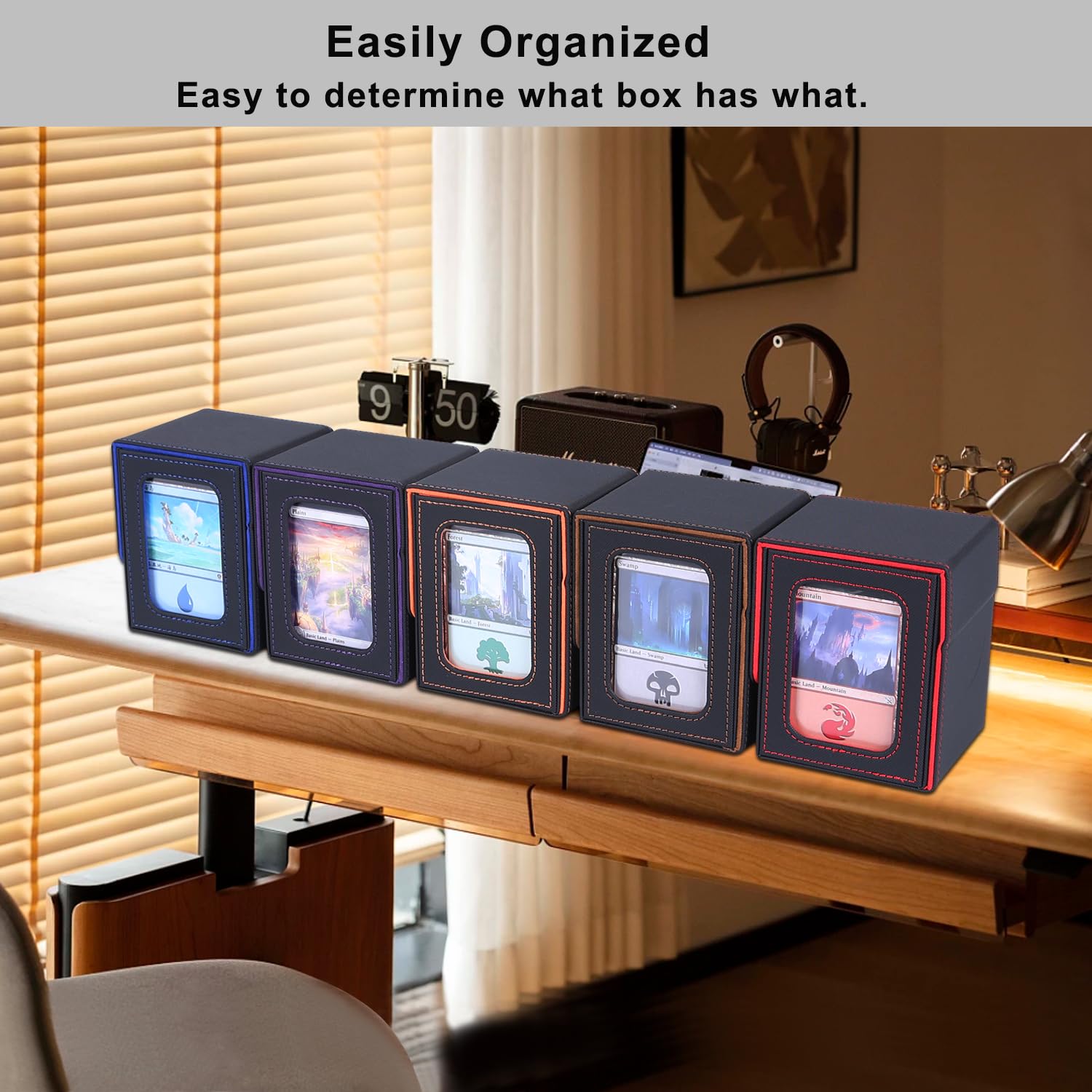 AFIING MTG Commander Deck Box for 100 Double-Sleeved Cards – Black/Red PU Leather with Window, Dividers, Drawstring Bag & Toploader