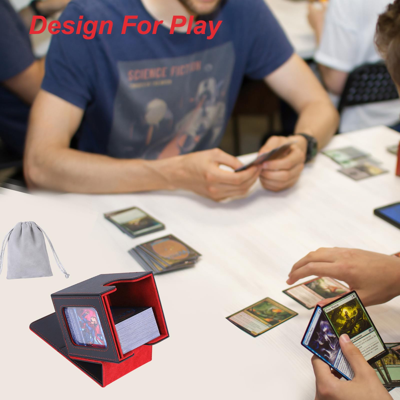 AFIING MTG Commander Deck Box for 100 Double-Sleeved Cards – Black/Red PU Leather with Window, Dividers, Drawstring Bag & Toploader