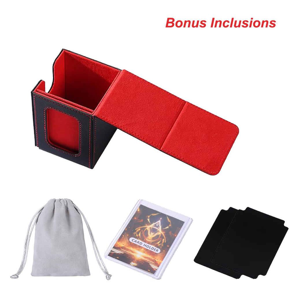 AFIING MTG Commander Deck Box for 100 Double-Sleeved Cards – Black/Red PU Leather with Window, Dividers, Drawstring Bag & Toploader