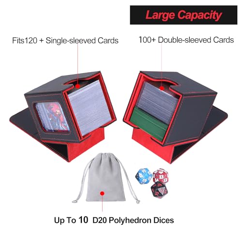AFIING MTG Commander Deck Box for 100 Double-Sleeved Cards – Black/Red PU Leather with Window, Dividers, Drawstring Bag & Toploader