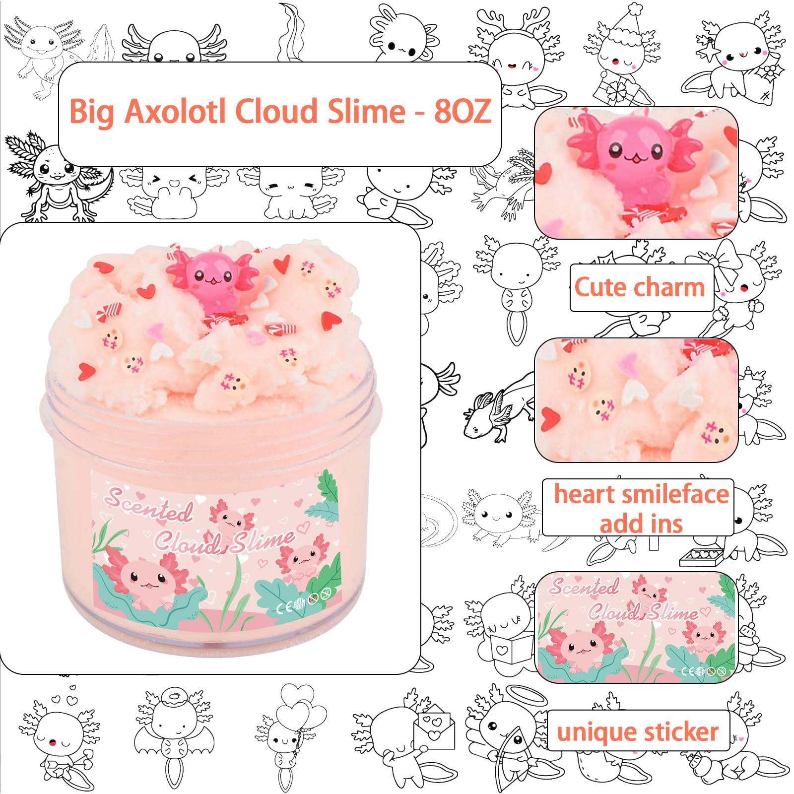 Afofall Axolotl Cloud Slime - 8 oz Pre-Made Scented Slime with Resin Charm & Add-Ins