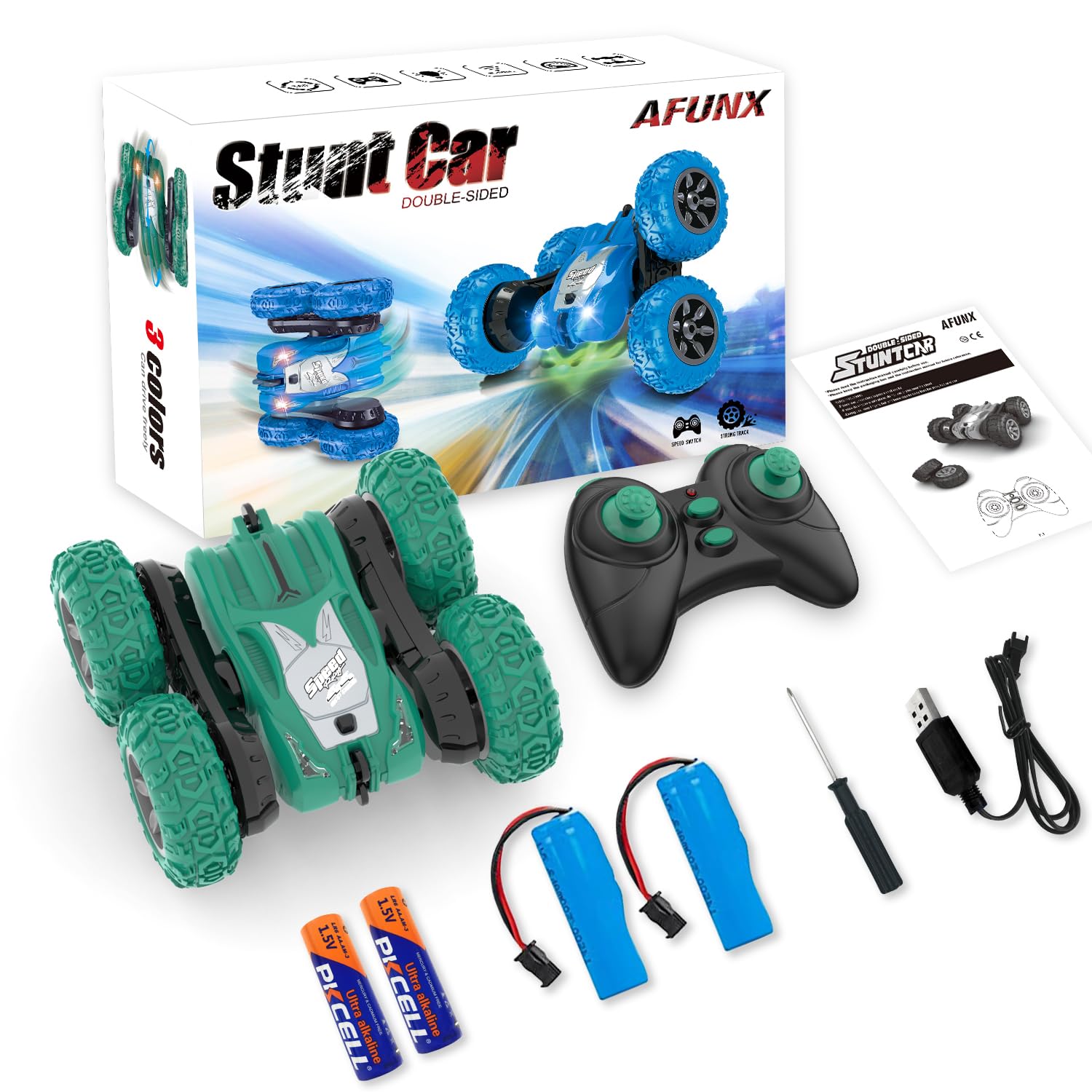 AFUNX Green RC Stunt Car for Kids Ages 6-12: 360° Rotation, Double-Sided Driving, 2.4GHz Remote, Rechargeable