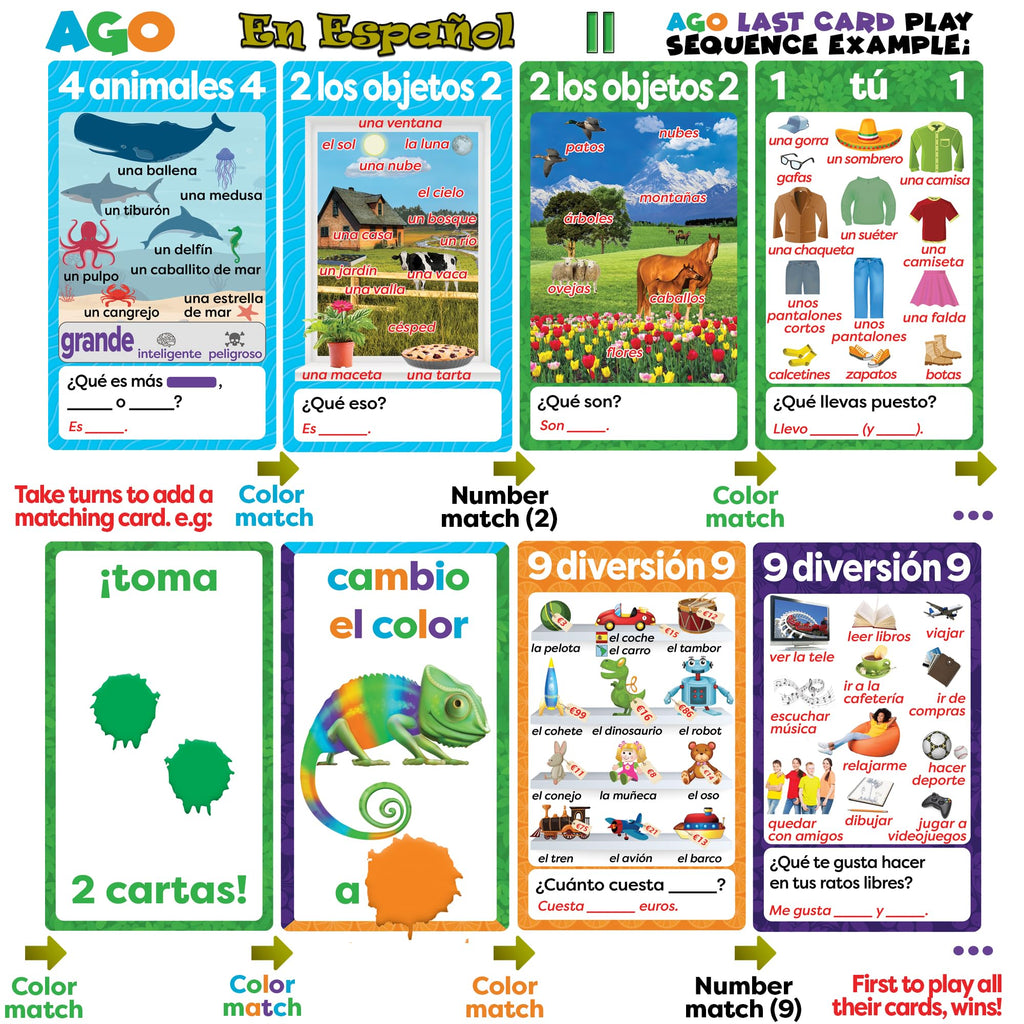 AGO en Español 2 Deluxe Edition: Spanish Learning Card Game with 36 Illustrated Questions – Boost Vocabulary & Grammar Through Conversation