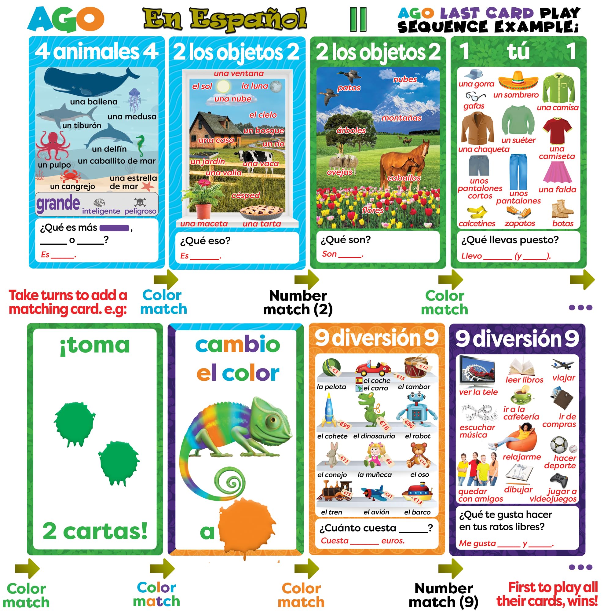 AGO en Español 2 Deluxe Edition: Spanish Learning Card Game with 36 Illustrated Questions – Boost Vocabulary & Grammar Through Conversation