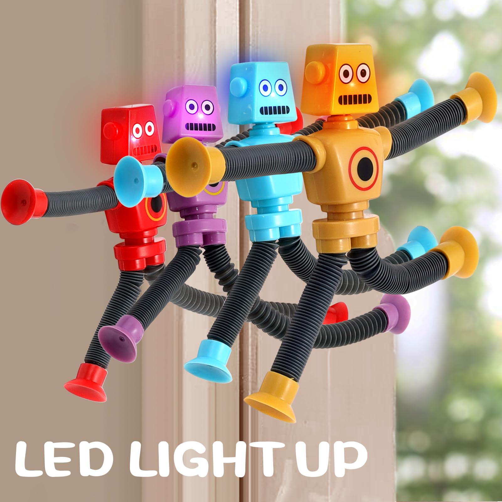 AGRASIV Robot Sensory Fidget Toys: LED Light Up Pop Tubes with Suction Cups for Kids
