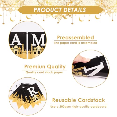 AhfuLife Eid Mubarak Banner Set – 4 Preassembled Banners with 16 Balloons, Reusable Black & Gold Ramadan Decor