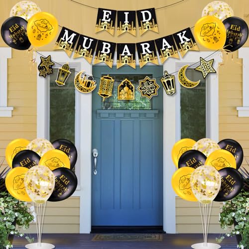 AhfuLife Eid Mubarak Banner Set – 4 Preassembled Banners with 16 Balloons, Reusable Black & Gold Ramadan Decor