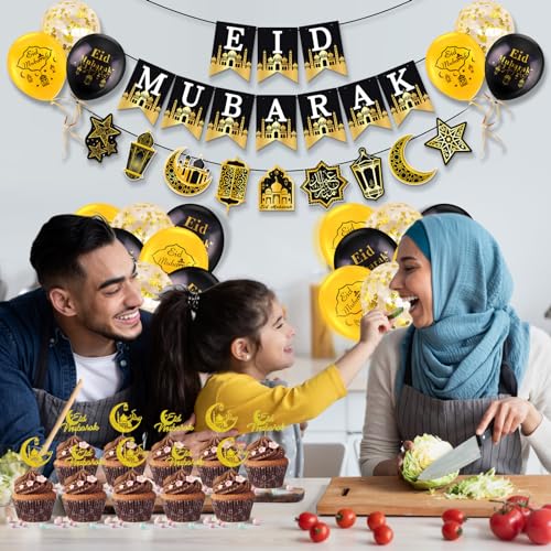 AhfuLife Eid Mubarak Banner Set – 4 Preassembled Banners with 16 Balloons, Reusable Black & Gold Ramadan Decor