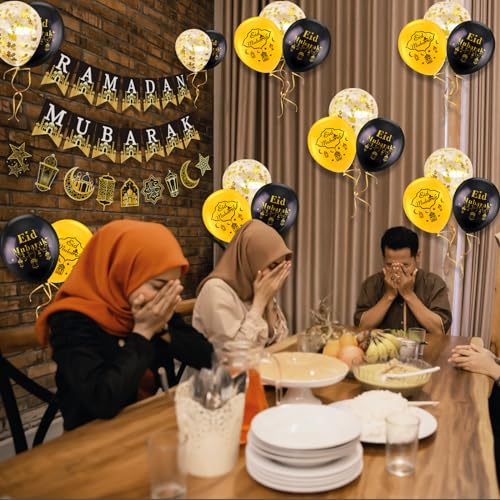 AhfuLife Eid Mubarak Banner Set – 4 Preassembled Banners with 16 Balloons, Reusable Black & Gold Ramadan Decor