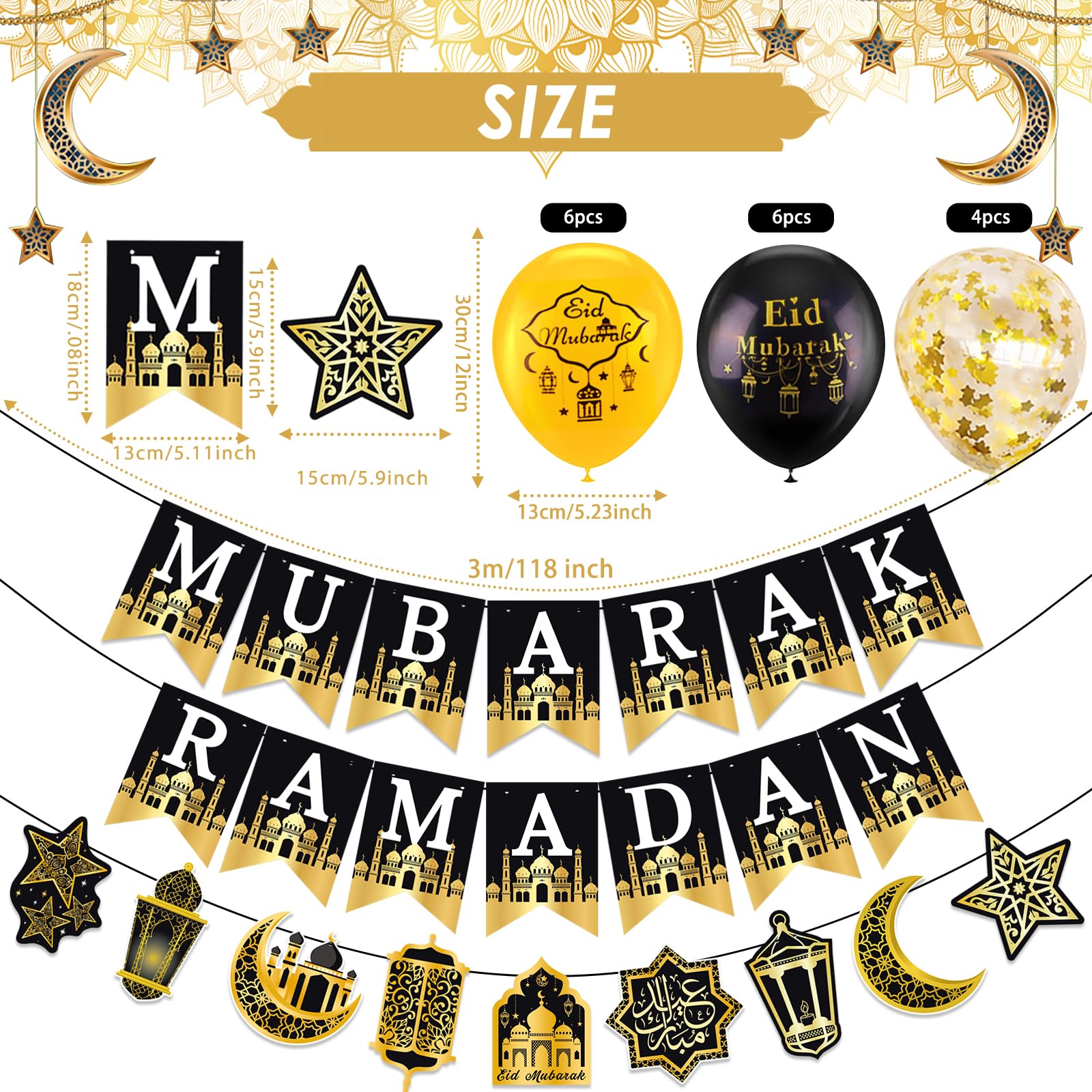 AhfuLife Eid Mubarak Banner Set – 4 Preassembled Banners with 16 Balloons, Reusable Black & Gold Ramadan Decor