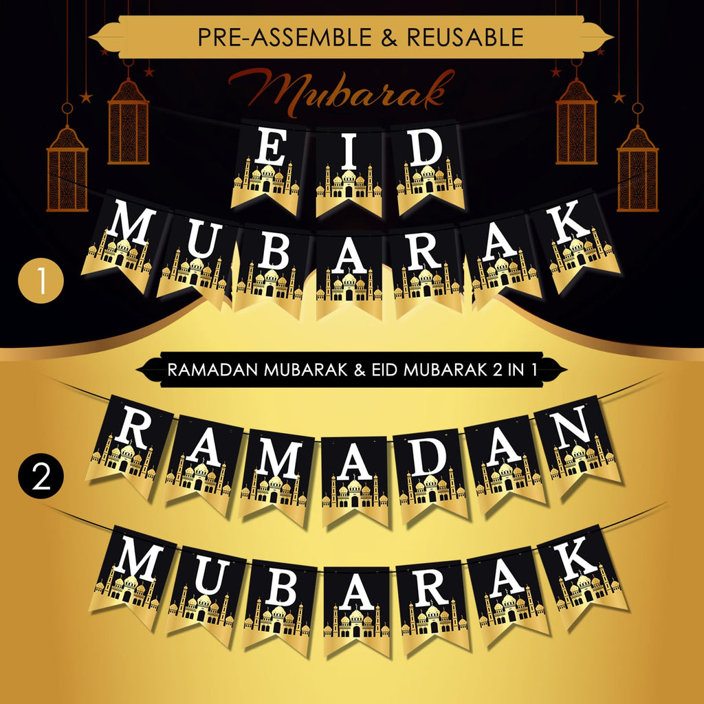 AhfuLife Eid Mubarak Banner Set – 4 Preassembled Banners with 16 Balloons, Reusable Black & Gold Ramadan Decor