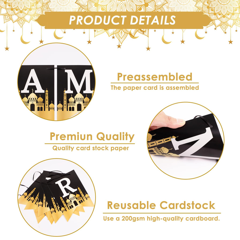 AhfuLife Eid Mubarak Banner Set – 4 Preassembled Banners with 16 Balloons, Reusable Black & Gold Ramadan Decor