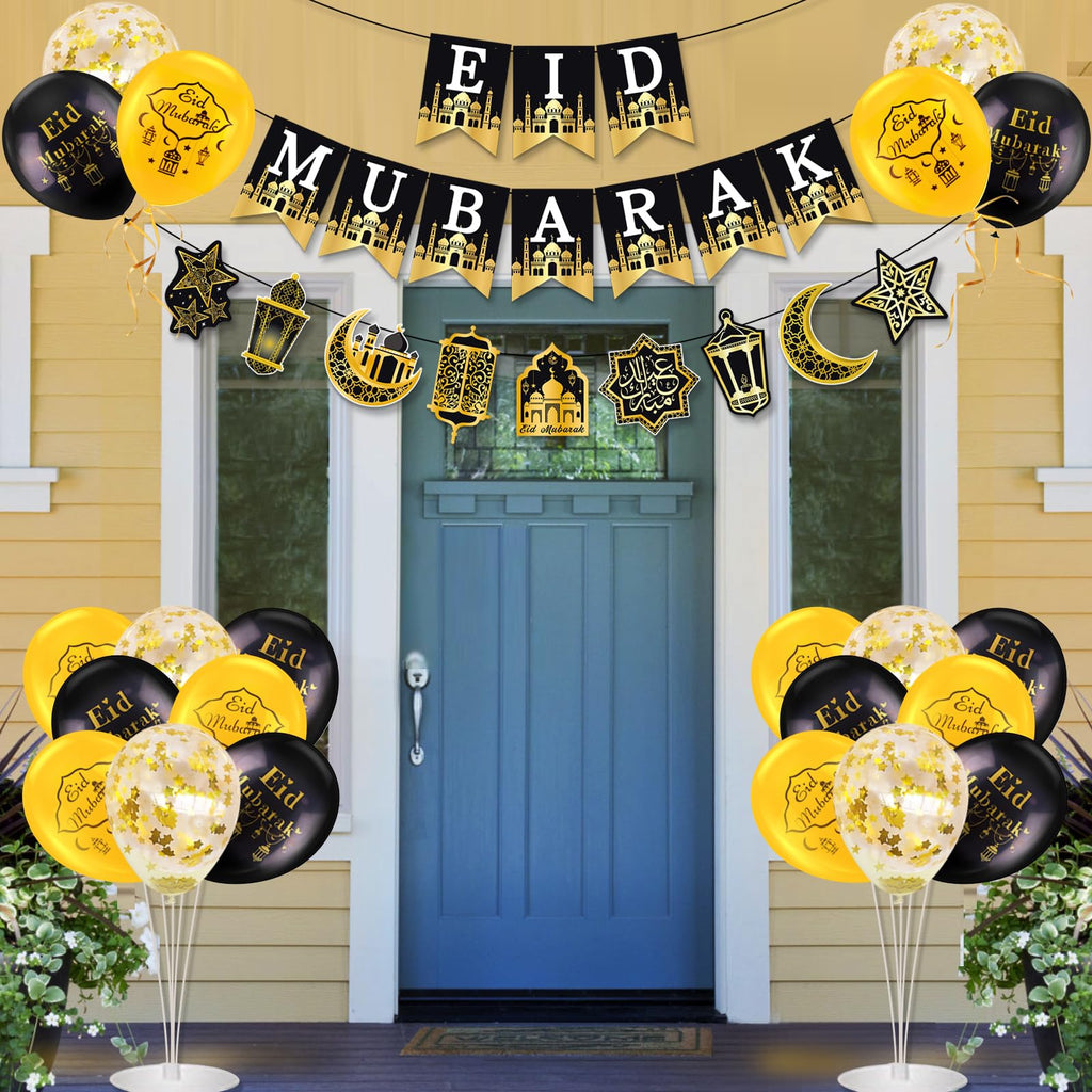 AhfuLife Eid Mubarak Banner Set – 4 Preassembled Banners with 16 Balloons, Reusable Black & Gold Ramadan Decor