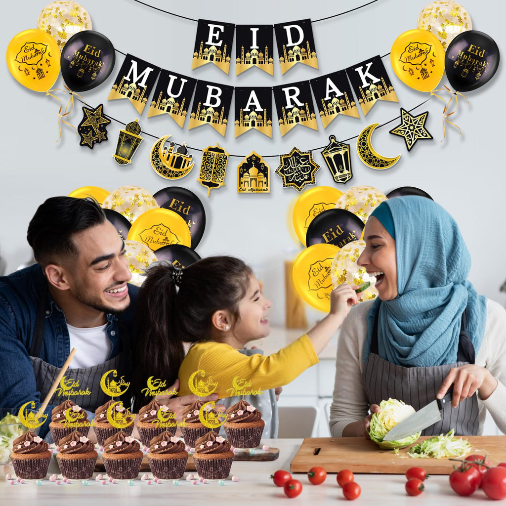 AhfuLife Eid Mubarak Banner Set – 4 Preassembled Banners with 16 Balloons, Reusable Black & Gold Ramadan Decor