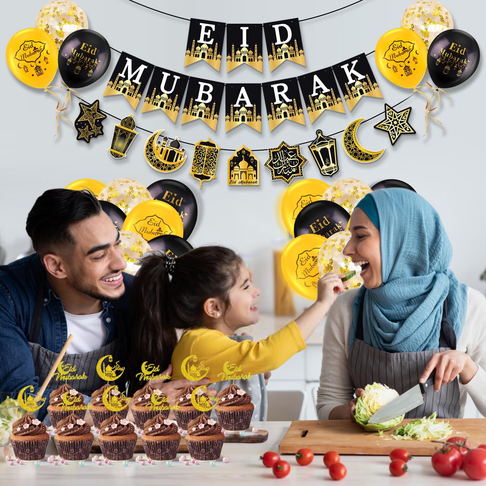 AhfuLife Eid Mubarak Banner Set – 4 Preassembled Banners with 16 Balloons, Reusable Black & Gold Ramadan Decor