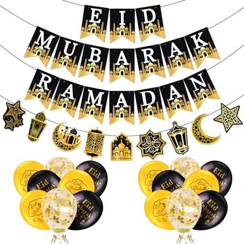 AhfuLife Eid Mubarak Banner Set – 4 Preassembled Banners with 16 Balloons, Reusable Black & Gold Ramadan Decor
