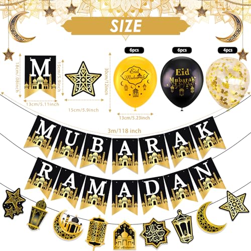AhfuLife Eid Mubarak Banner Set – 4 Preassembled Banners with 16 Balloons, Reusable Black & Gold Ramadan Decor