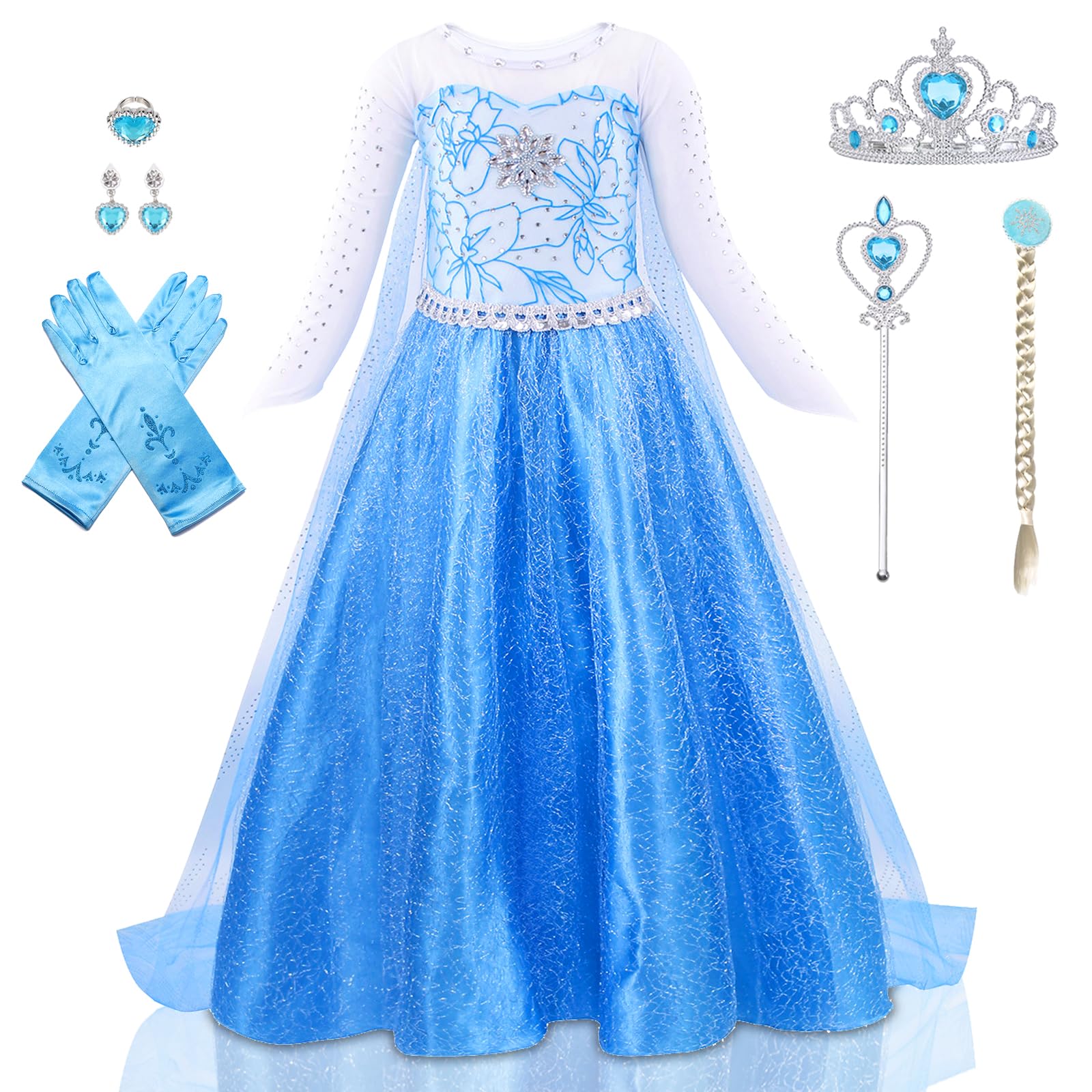 AHLPO Girls Princess Dress Set with Cape, Crown, Wand & Accessories – Blue Costume for Halloween, Birthday & Dress-Up