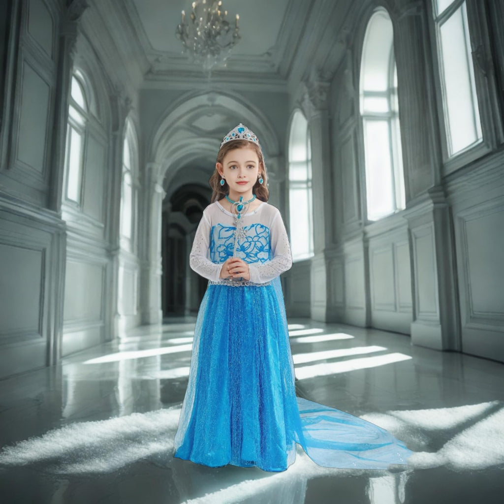 AHLPO Girls Princess Dress Set with Cape, Crown, Wand & Accessories – Blue Costume for Halloween, Birthday & Dress-Up