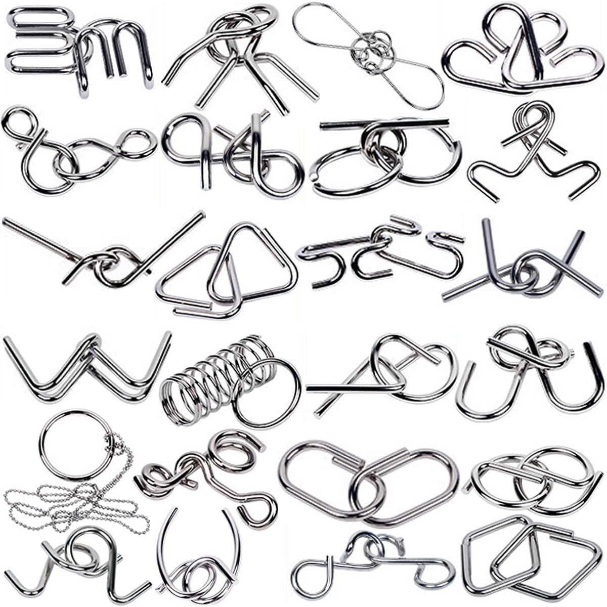 Ahyuan 32-Piece Metal Wire Puzzle Set with Pouch – Brain Teaser Fidget Toys for Kids and Adults (Silver)