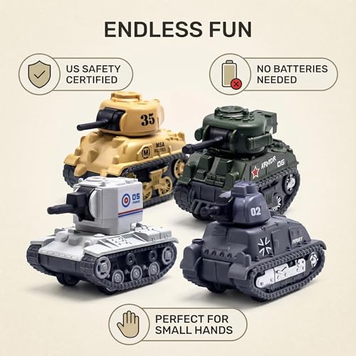 Ai-Fun 4-Pack Pull Back Mini Tank Toy Cars - Die-Cast Military Army Vehicles, 1:64 Scale, BPA-Free