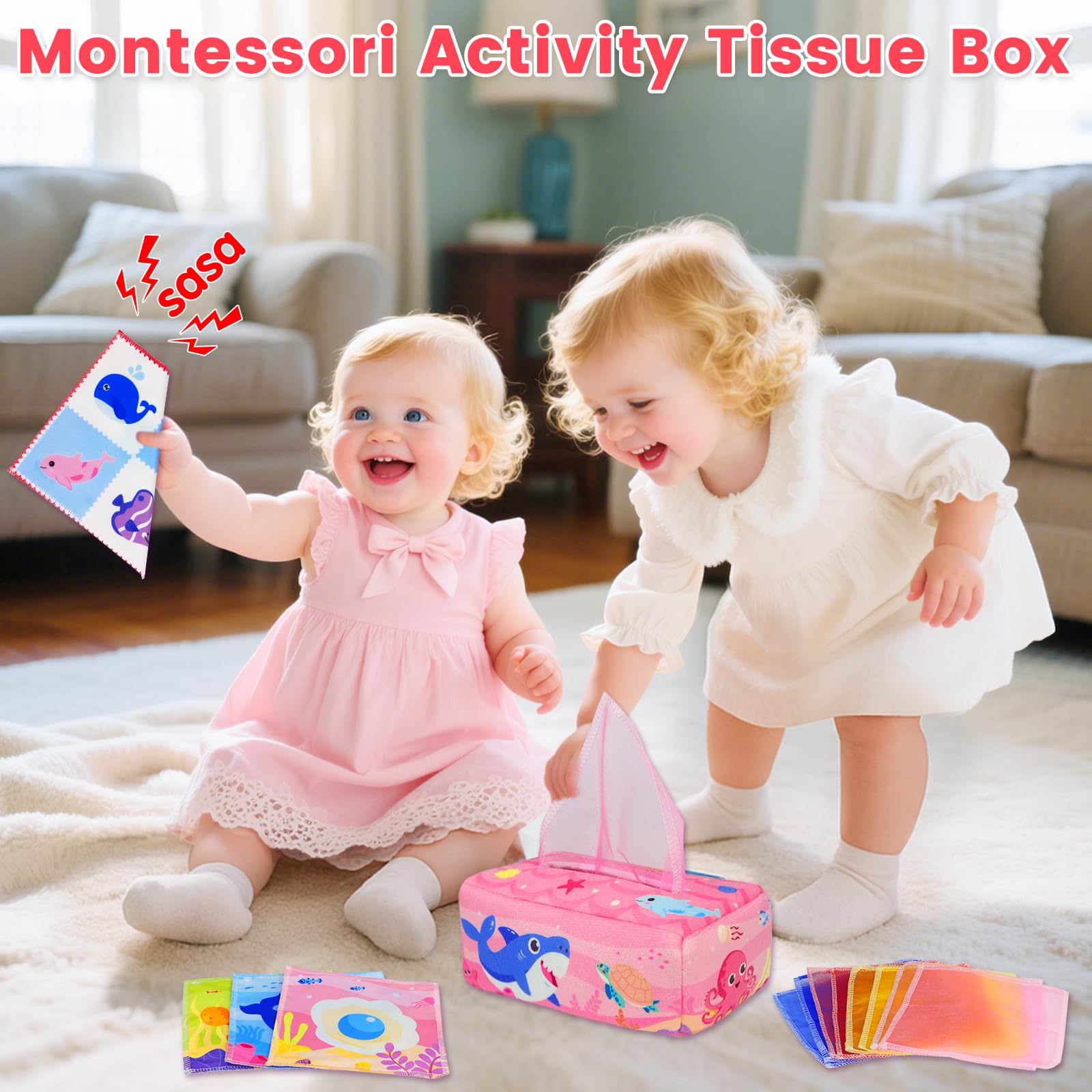 Aiduy Baby Tissue Box Toy - Pink Montessori Sensory Toy for 6-12 Months