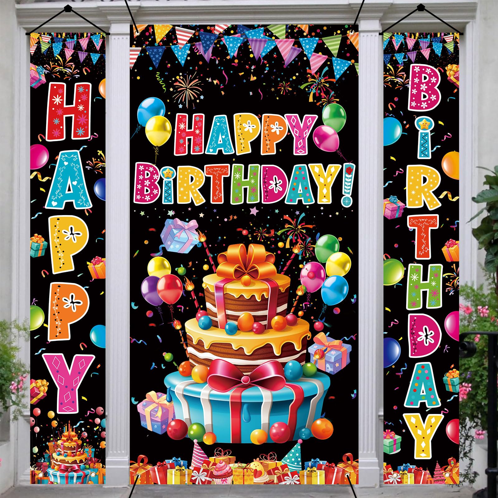 AiFaoobs 3-Piece Colorful Birthday Banner Set – Door Cover and Two Banners for Indoor Outdoor Party Decor (Black Base)