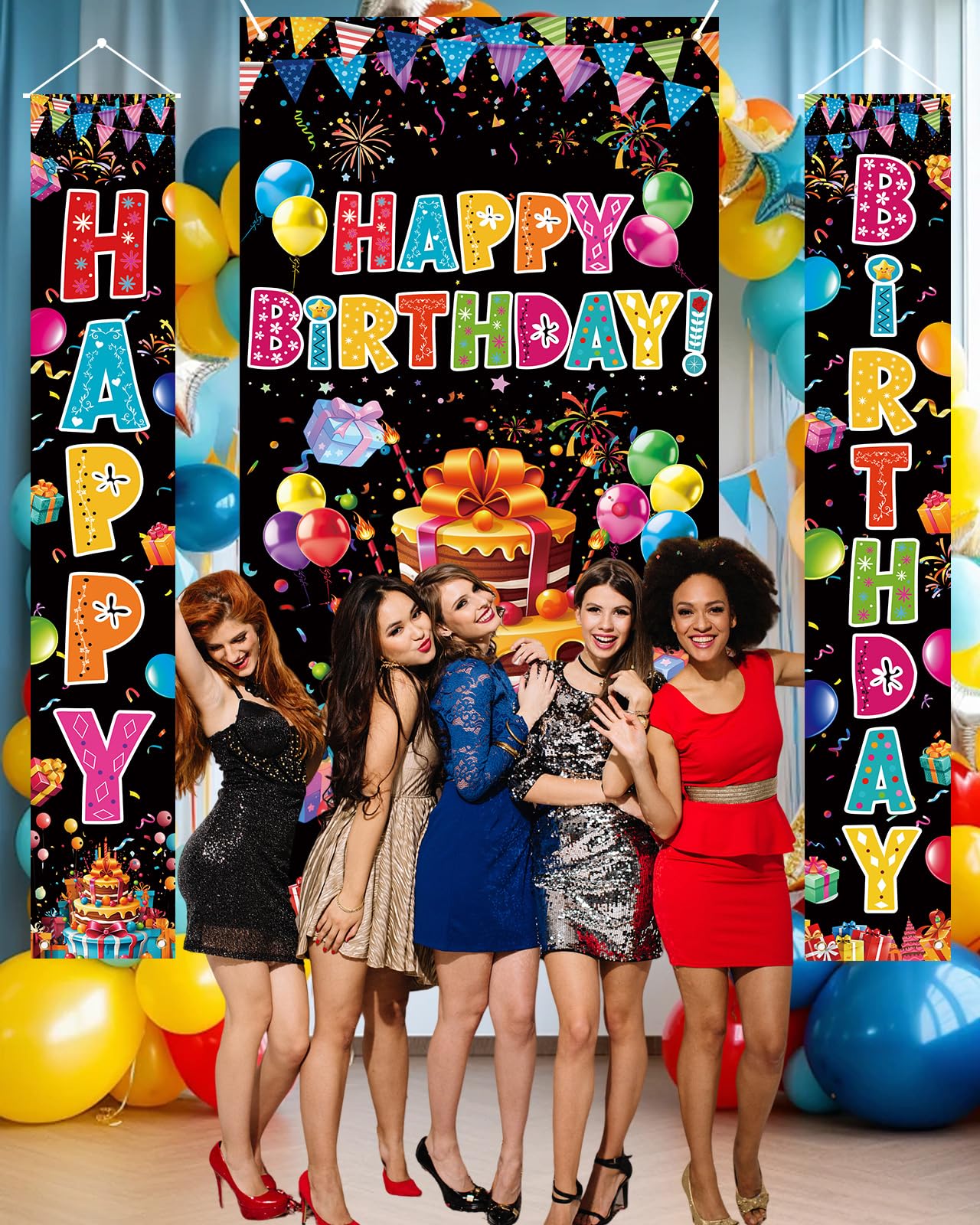 AiFaoobs 3-Piece Colorful Birthday Banner Set – Door Cover and Two Banners for Indoor Outdoor Party Decor (Black Base)