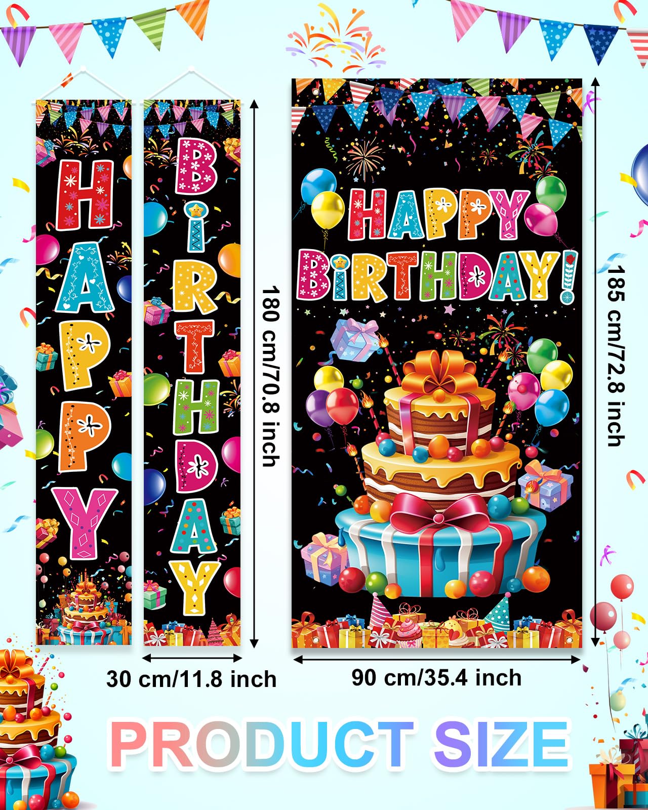 AiFaoobs 3-Piece Colorful Birthday Banner Set – Door Cover and Two Banners for Indoor Outdoor Party Decor (Black Base)