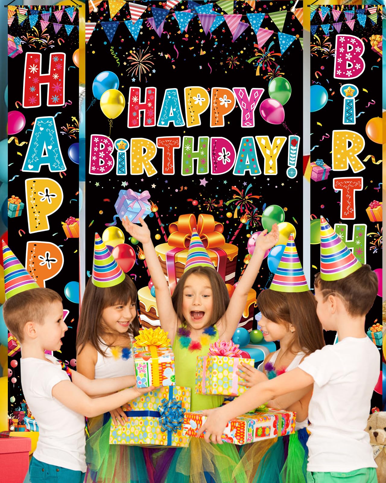 AiFaoobs 3-Piece Colorful Birthday Banner Set – Door Cover and Two Banners for Indoor Outdoor Party Decor (Black Base)