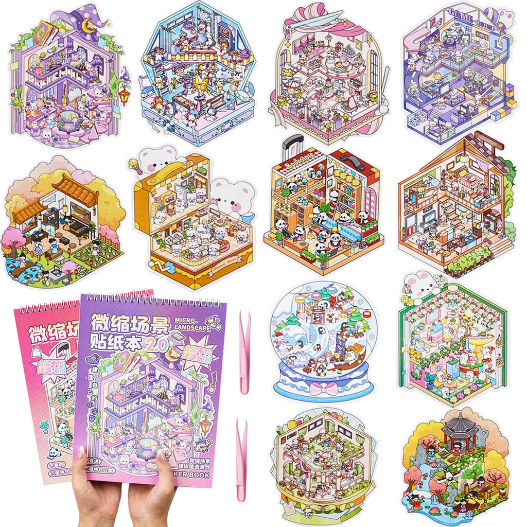 Aifong 2-Pack 3D Sticker Books for Adults – 12 Scenes, Pink & Purple, 10.6 x 7.9 Inches