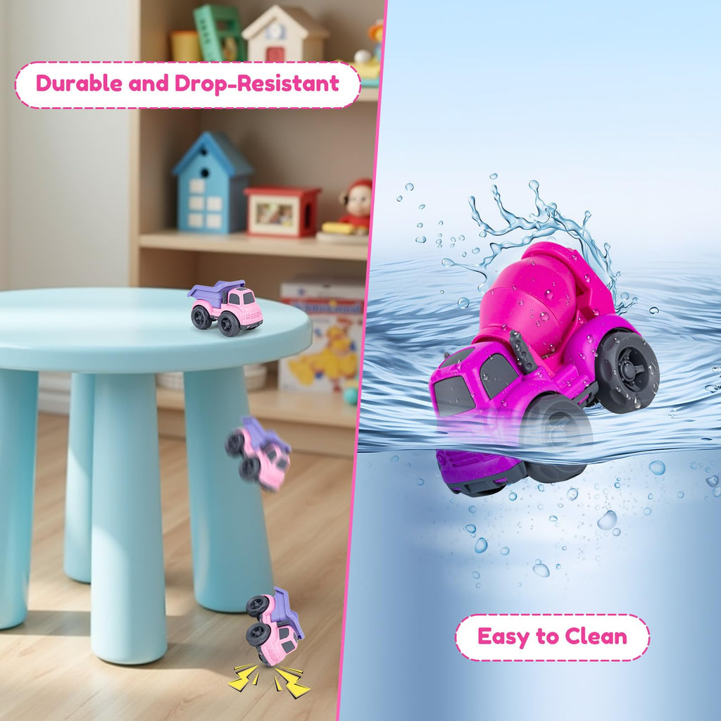 Aigitoy Dump Truck and Cement Mixer Toys for Toddlers – Pink, Eco-Friendly, BPA-Free, Dishwasher Safe, 2-Piece Set