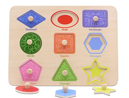 Aile Toddler Wooden Shape Peg Puzzle - Preschool Learning Toy for Colors and Shapes