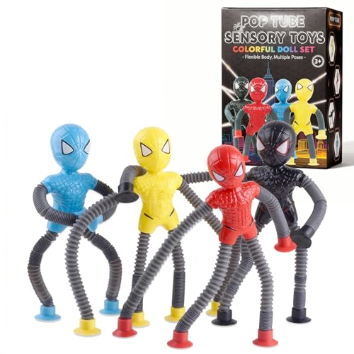 Aimery 4-Pack Superhero Suction Cup Fidget Toys – Sensory Travel Activities for Kids with Autism, ADHD – Easter Basket Stuffers, Airplane & Road Trip Gifts