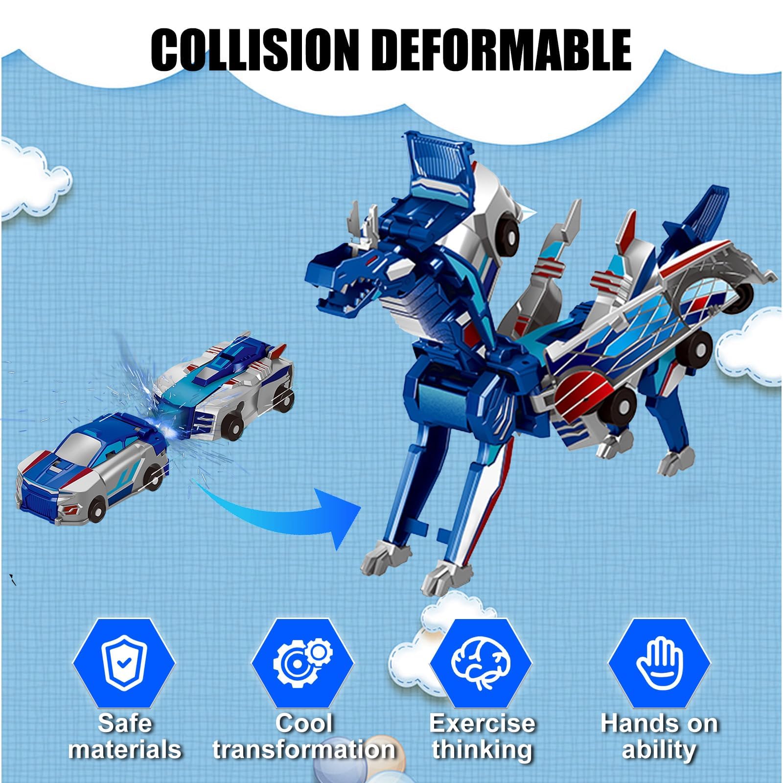 Aimery Collision Transforming Dinosaur Car Toy – 2 Magnetic Cars Convert into a Dragon Robot, Blue