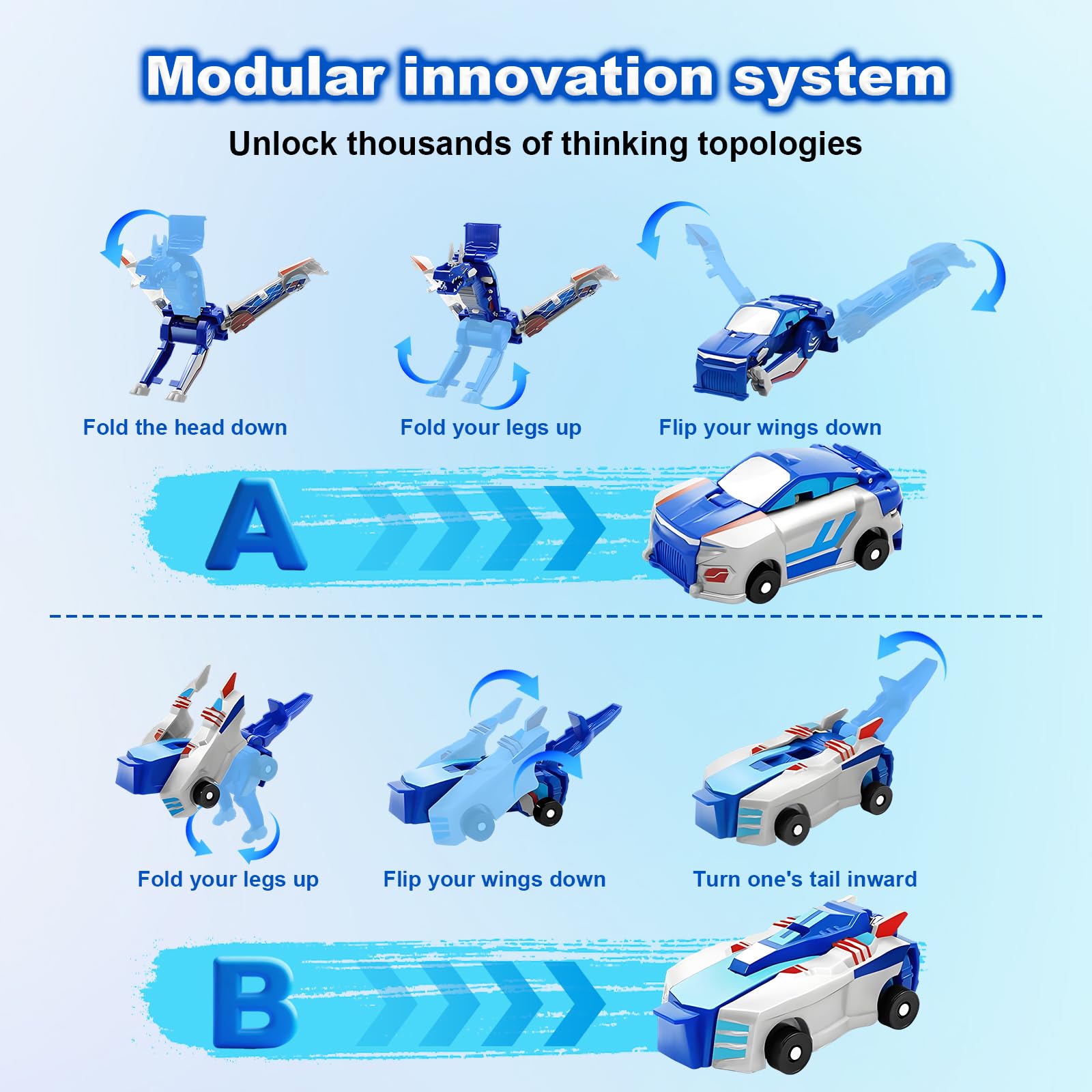 Aimery Collision Transforming Dinosaur Car Toy – 2 Magnetic Cars Convert into a Dragon Robot, Blue