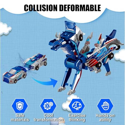 Aimery Collision Transforming Dinosaur Car Toy – 2 Magnetic Cars Convert into a Dragon Robot, Blue