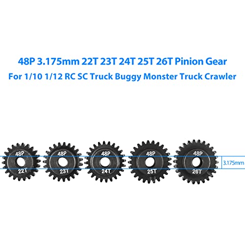 AIMROCK 5-Pack 48P RC Motor Pinion Gears Set – 22T to 26T, Hardened Steel, 3.175mm Bore