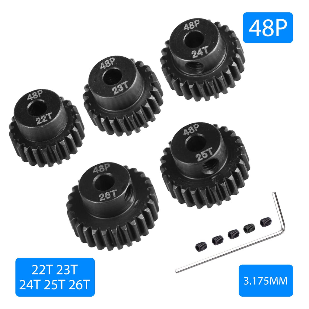 AIMROCK 5-Pack 48P RC Motor Pinion Gears Set – 22T to 26T, Hardened Steel, 3.175mm Bore
