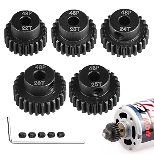 AIMROCK 5-Pack 48P RC Motor Pinion Gears Set – 22T to 26T, Hardened Steel, 3.175mm Bore