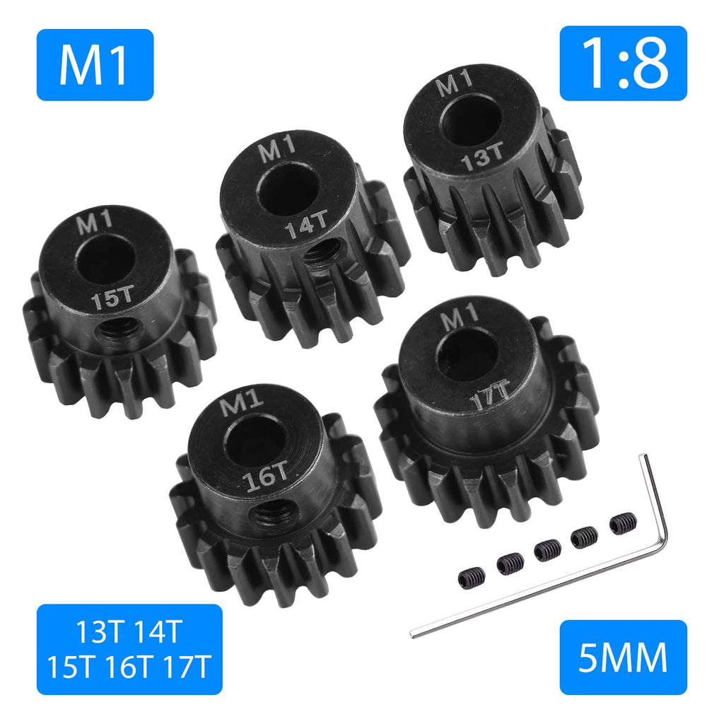 AIMROCK 5-Pack Mod 1 Pinion Gears (13T-17T) for 1/8 RC Cars with 5mm Motor Shaft