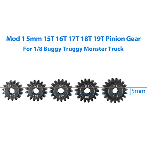 AIMROCK 5-Pack Mod 1 RC Motor Pinion Gears (15T-19T) for 5mm Shaft, Hardened Steel Upgrade