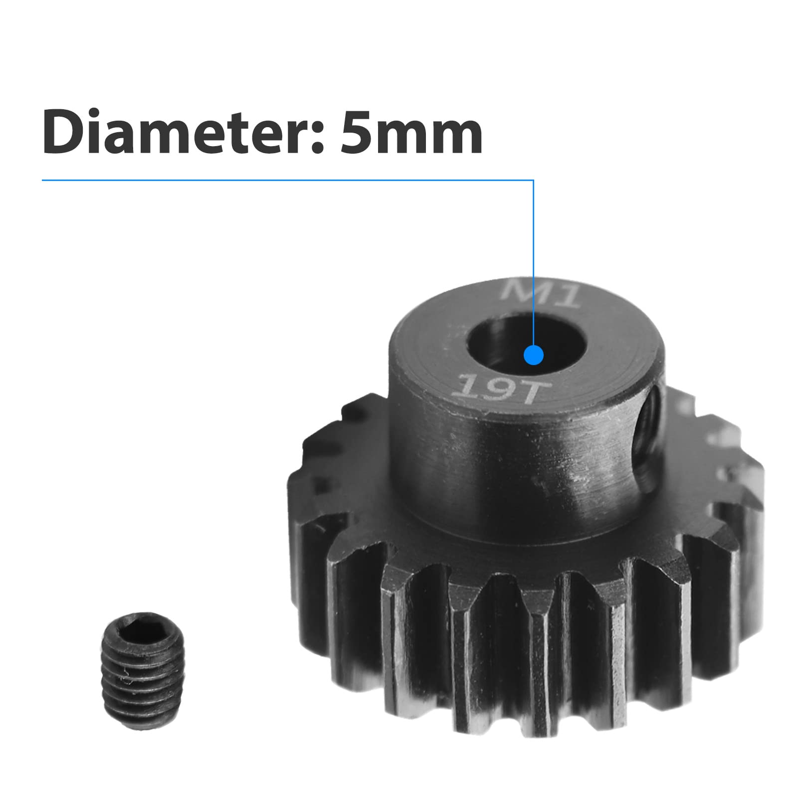 AIMROCK 5-Pack Mod 1 RC Motor Pinion Gears (15T-19T) for 5mm Shaft, Hardened Steel Upgrade