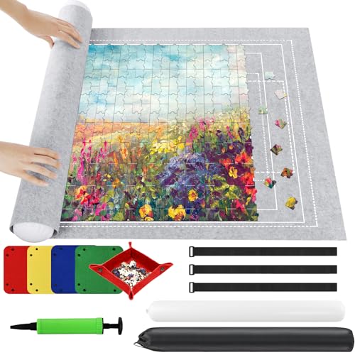 Ainiv Jigsaw Puzzle Mat 2000 Pieces - 47x31.5in Felt Roll Up Board with Sorting Trays & Storage Bag, Gray