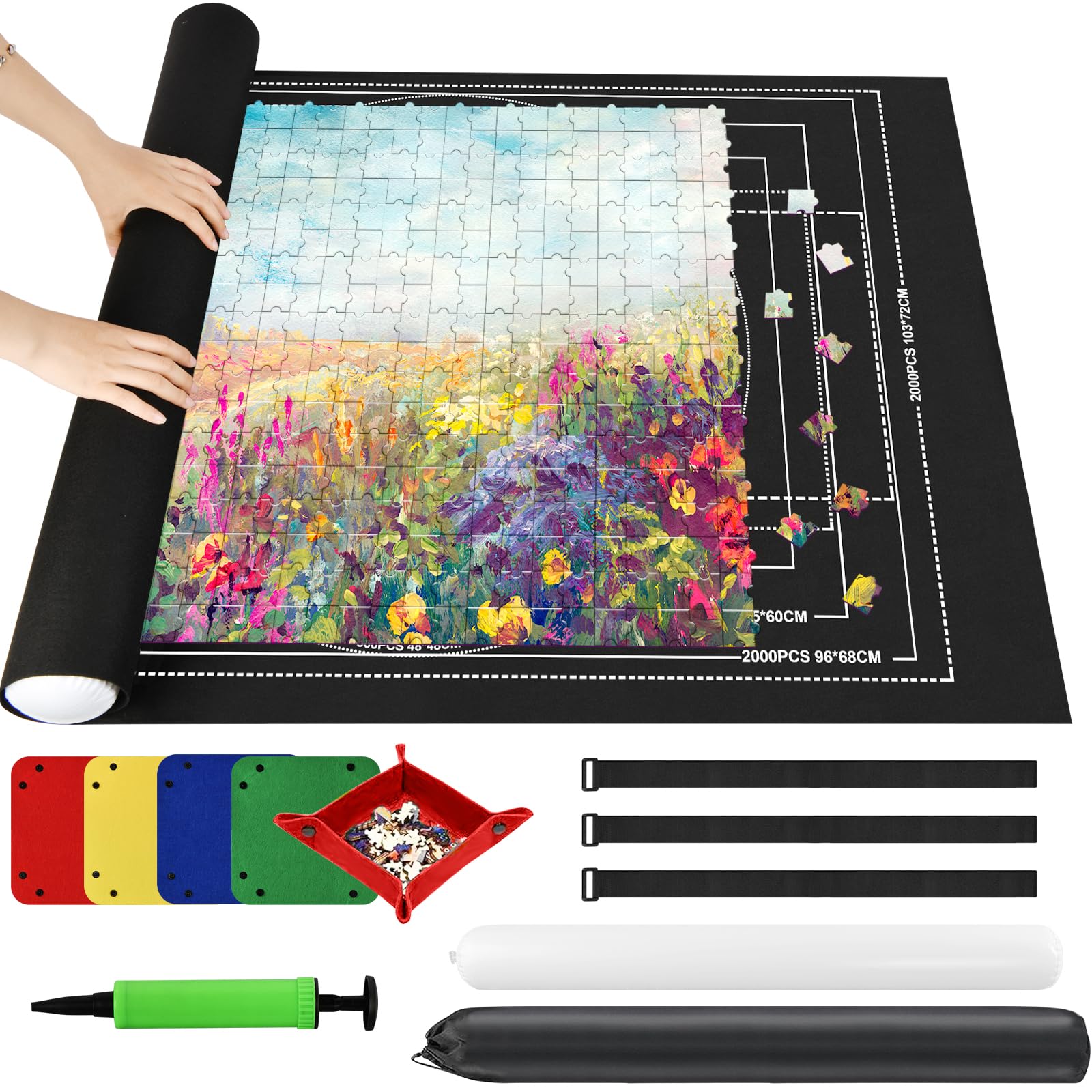 Ainiv Puzzle Mat Roll Up 2000 Pieces - 47x31.5 Felt Board with Sorting Trays and Storage Bag, Black