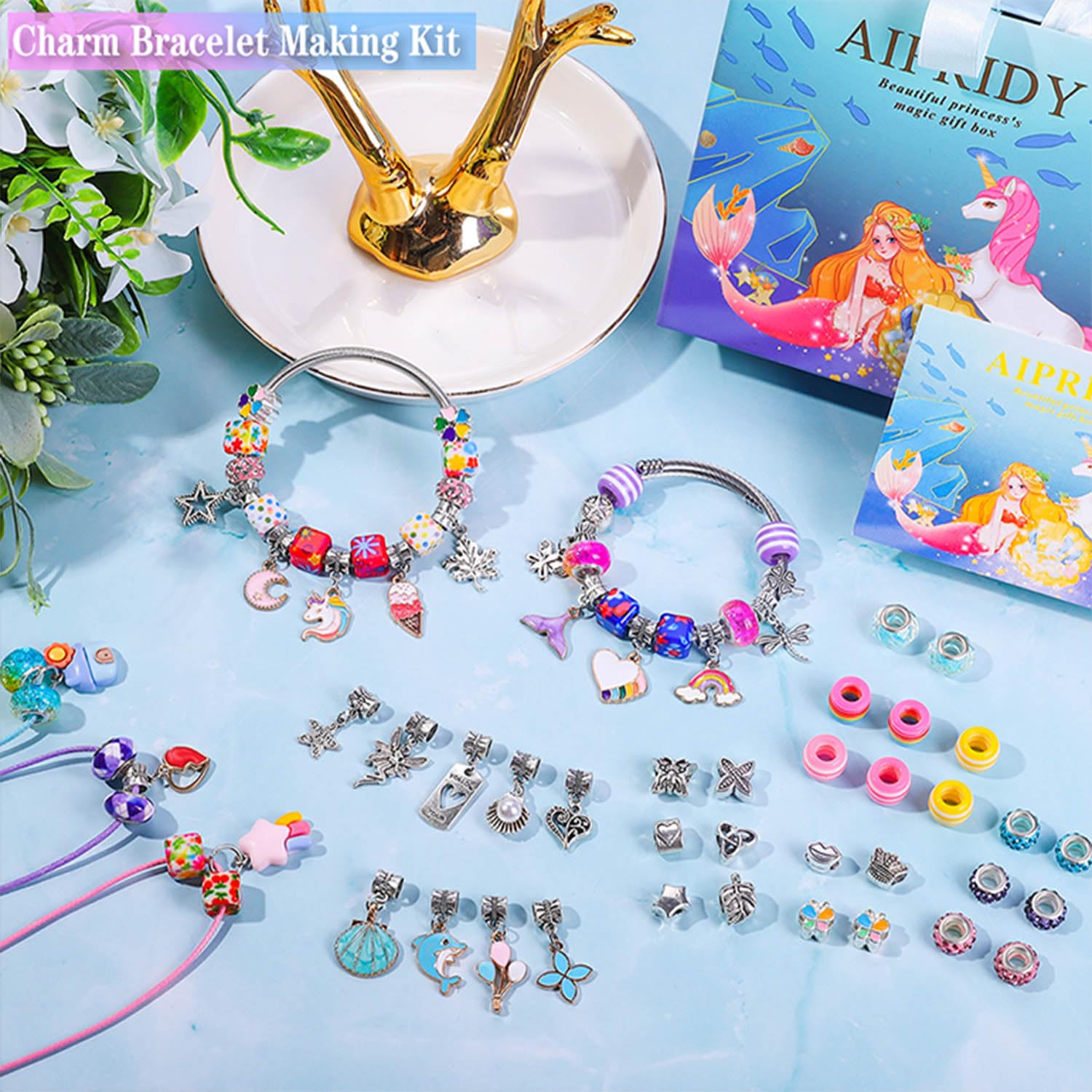 AIPRIDY 84-Piece Charm Bracelet Making Kit - Unicorn & Mermaid DIY Jewelry Set for Girls Ages 4+